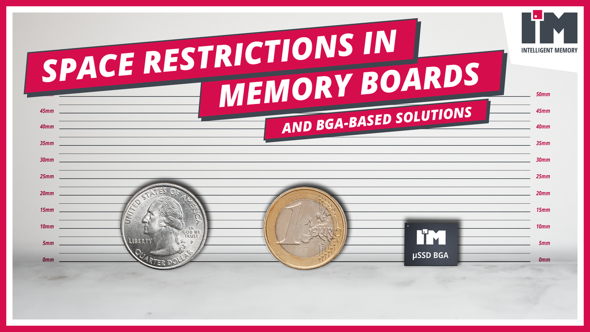 An image of 2 coins compared in size to a BGA SSD component indicating their small size and the space saved on a memory board.