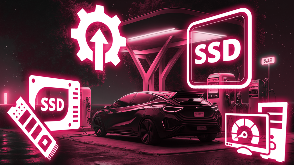 SSD graphic icons layered on top of an electric car being charged in a car port